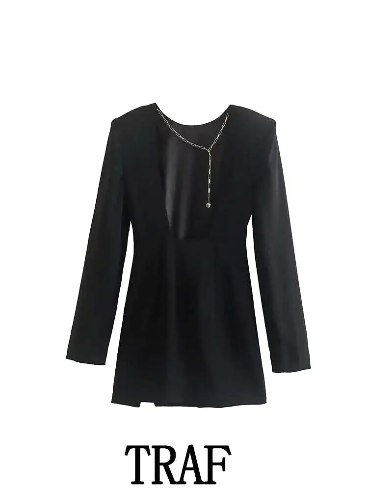 2023 Women Chain Mini Dress Fashion O-Neck Vintage Shoulder Padded Long Sleeve Autumn Causal Elegant Slim Dresses