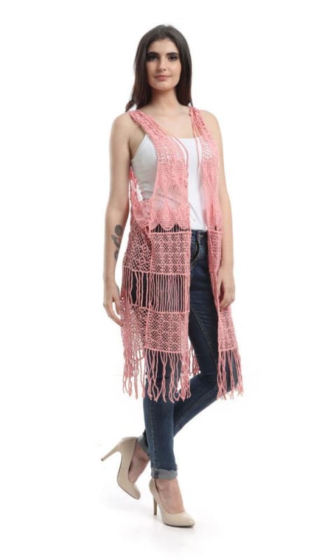 48476 Fringes Crochet Solid Vest - Pink