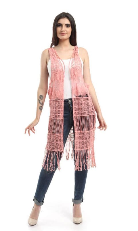 48476 Fringes Crochet Solid Vest - Pink