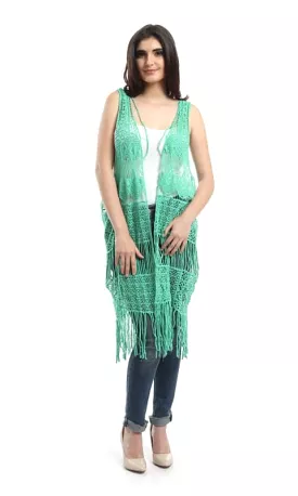 48478 Fringes Crochet Solid Vest - Light Green