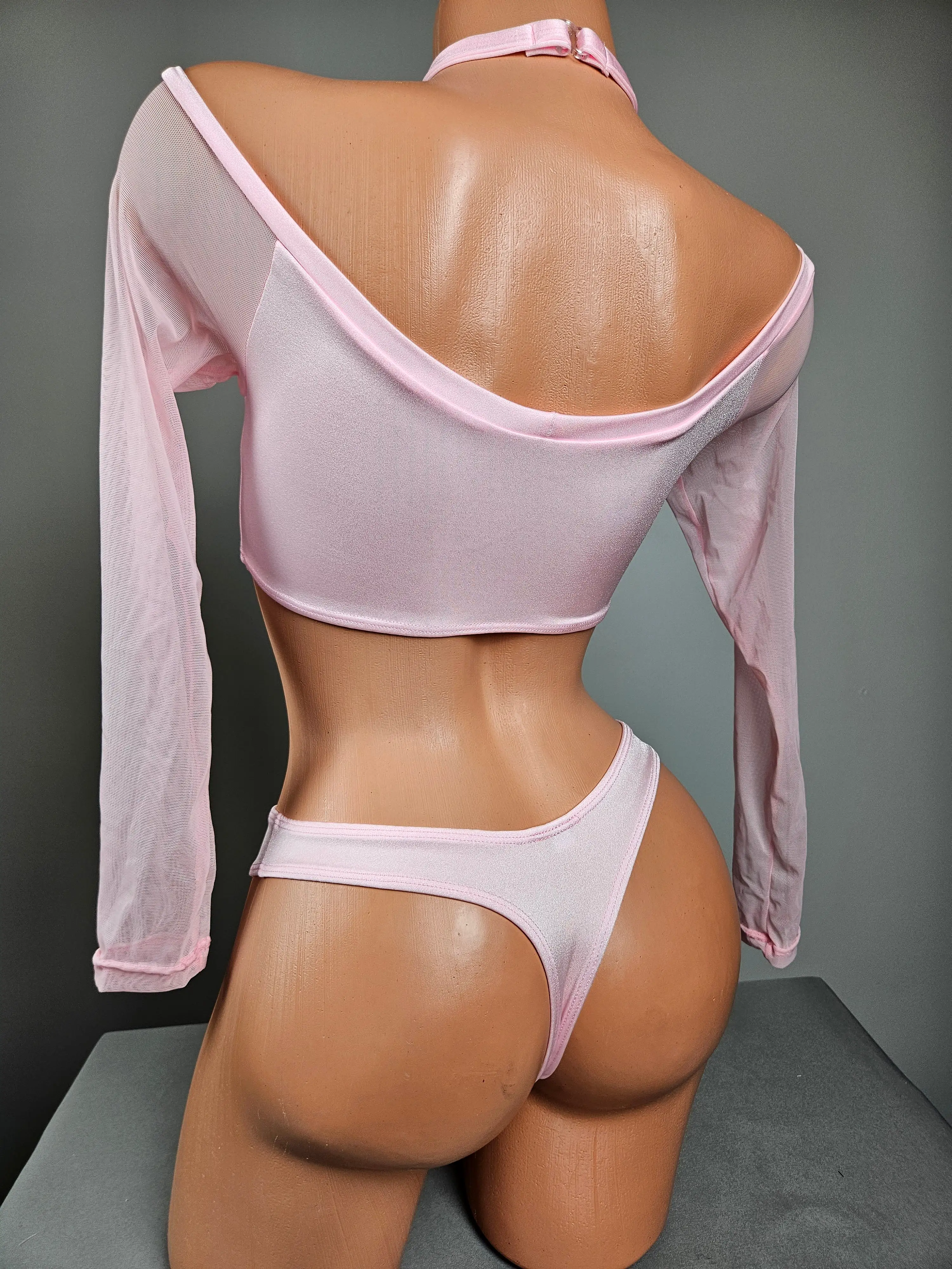 Baby Pink Off The Shoulder Long Sleeve Thong Bikini