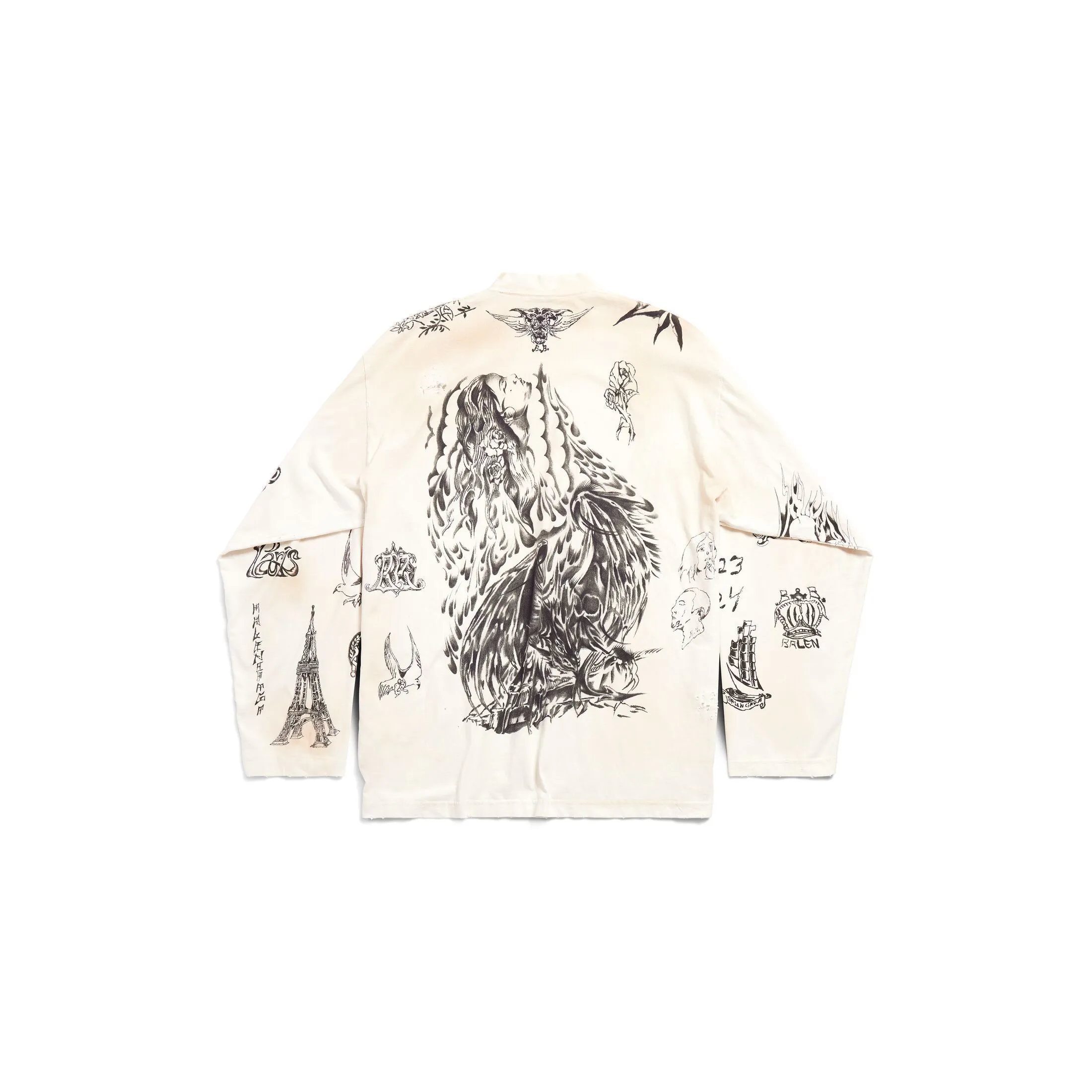 BALENCIAGA  |Men's Tat Long Sleeve T-shirt Oversized in Off White/black