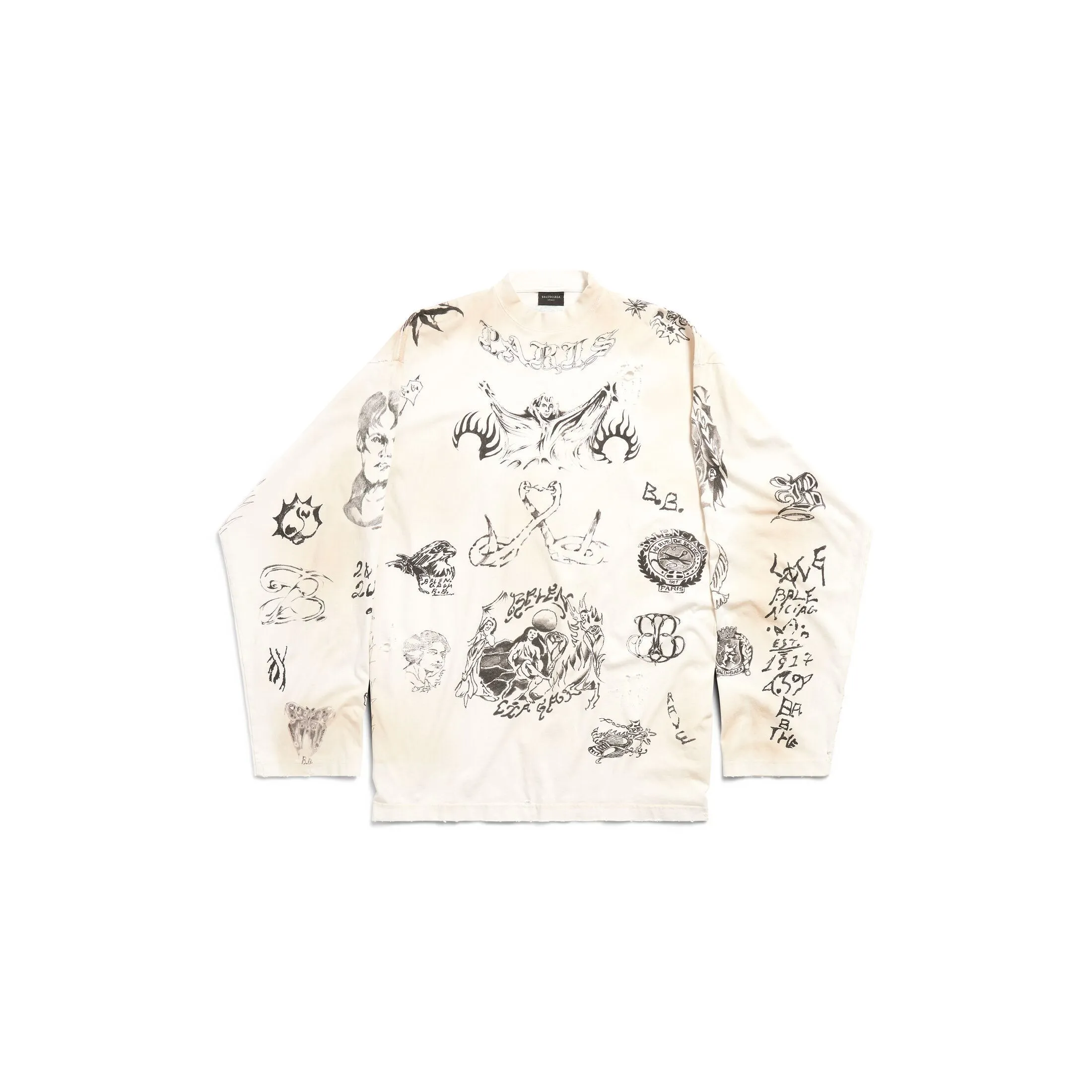 BALENCIAGA  |Men's Tat Long Sleeve T-shirt Oversized in Off White/black