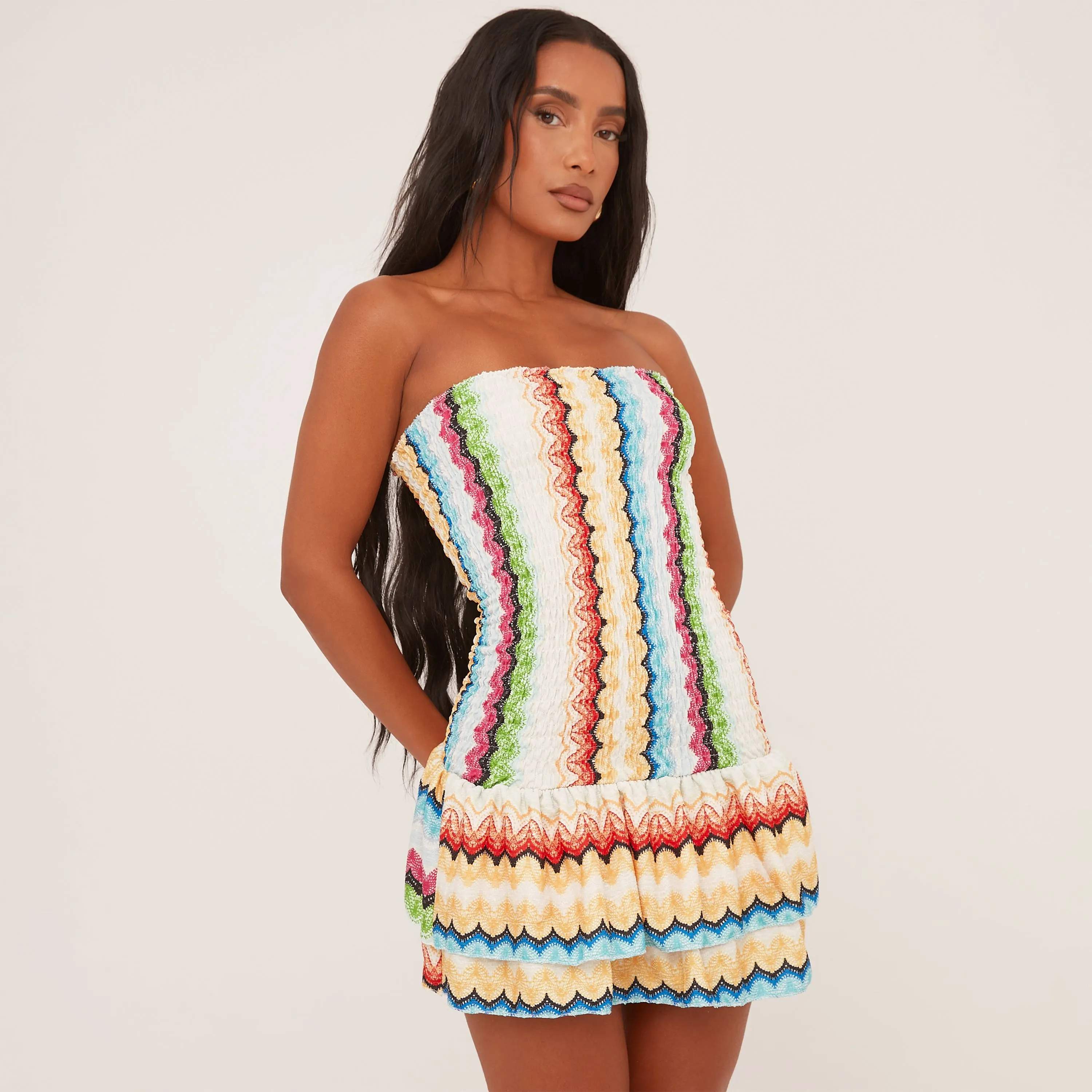 Bandeau Tiered Hem Mini Dress In Multi Woven