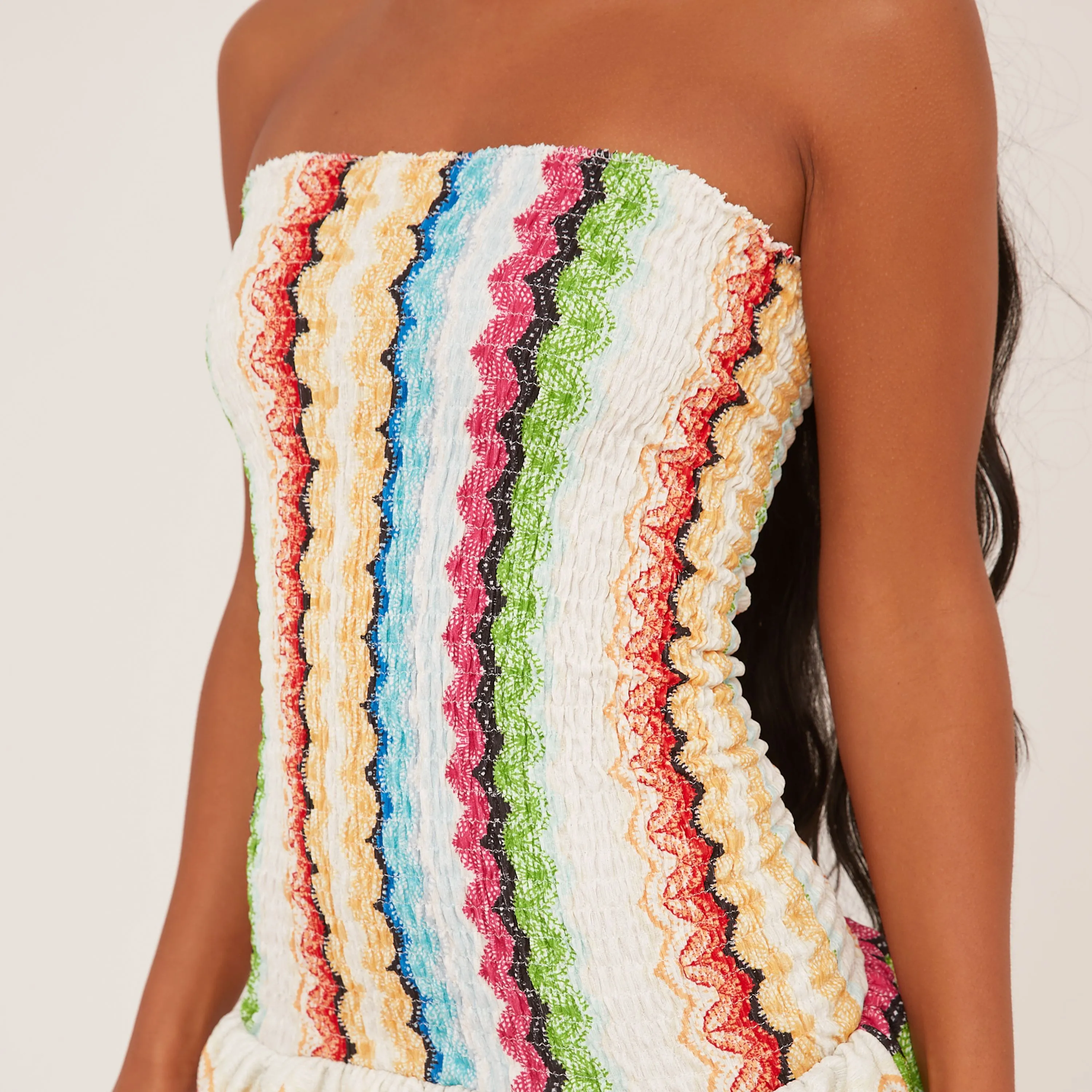 Bandeau Tiered Hem Mini Dress In Multi Woven