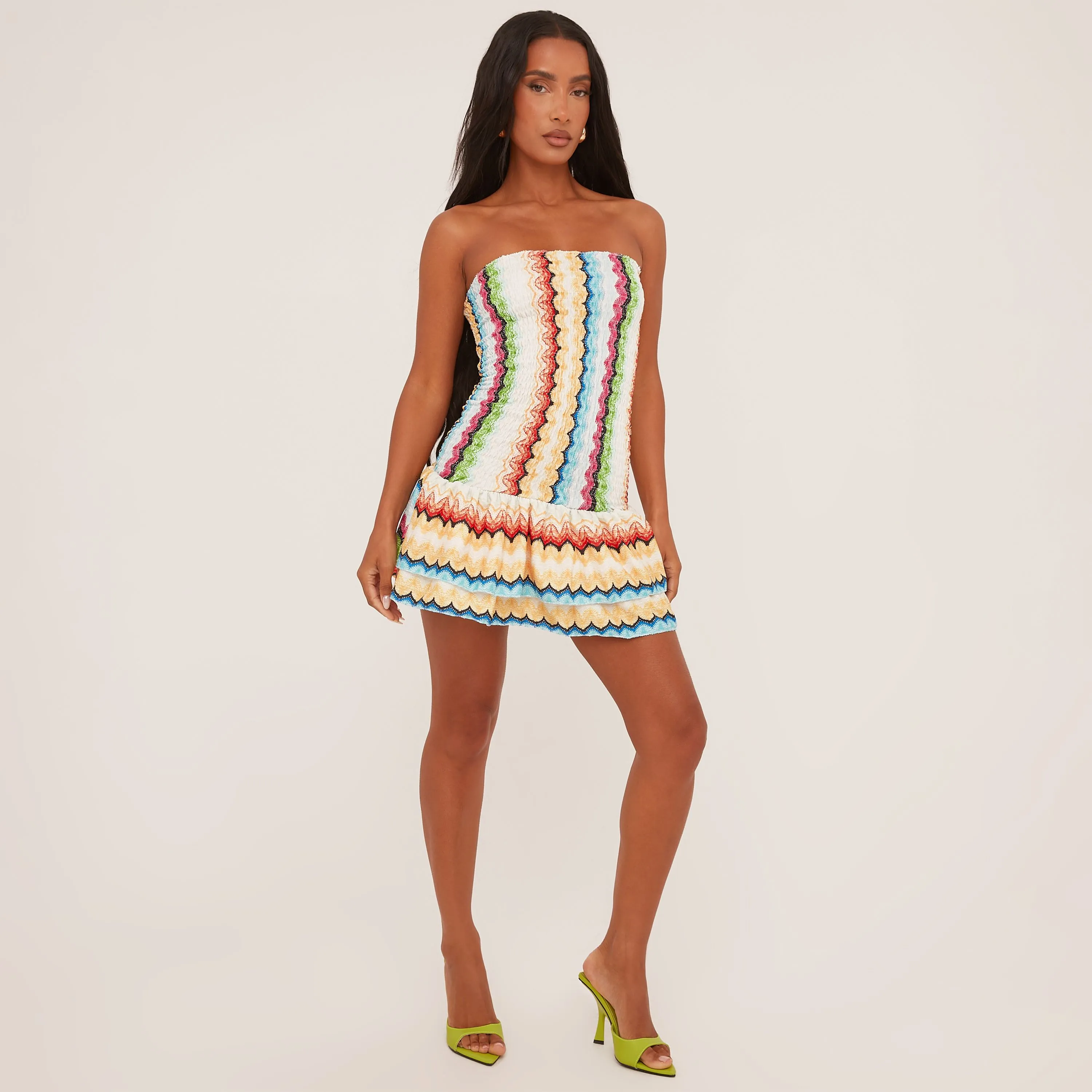 Bandeau Tiered Hem Mini Dress In Multi Woven