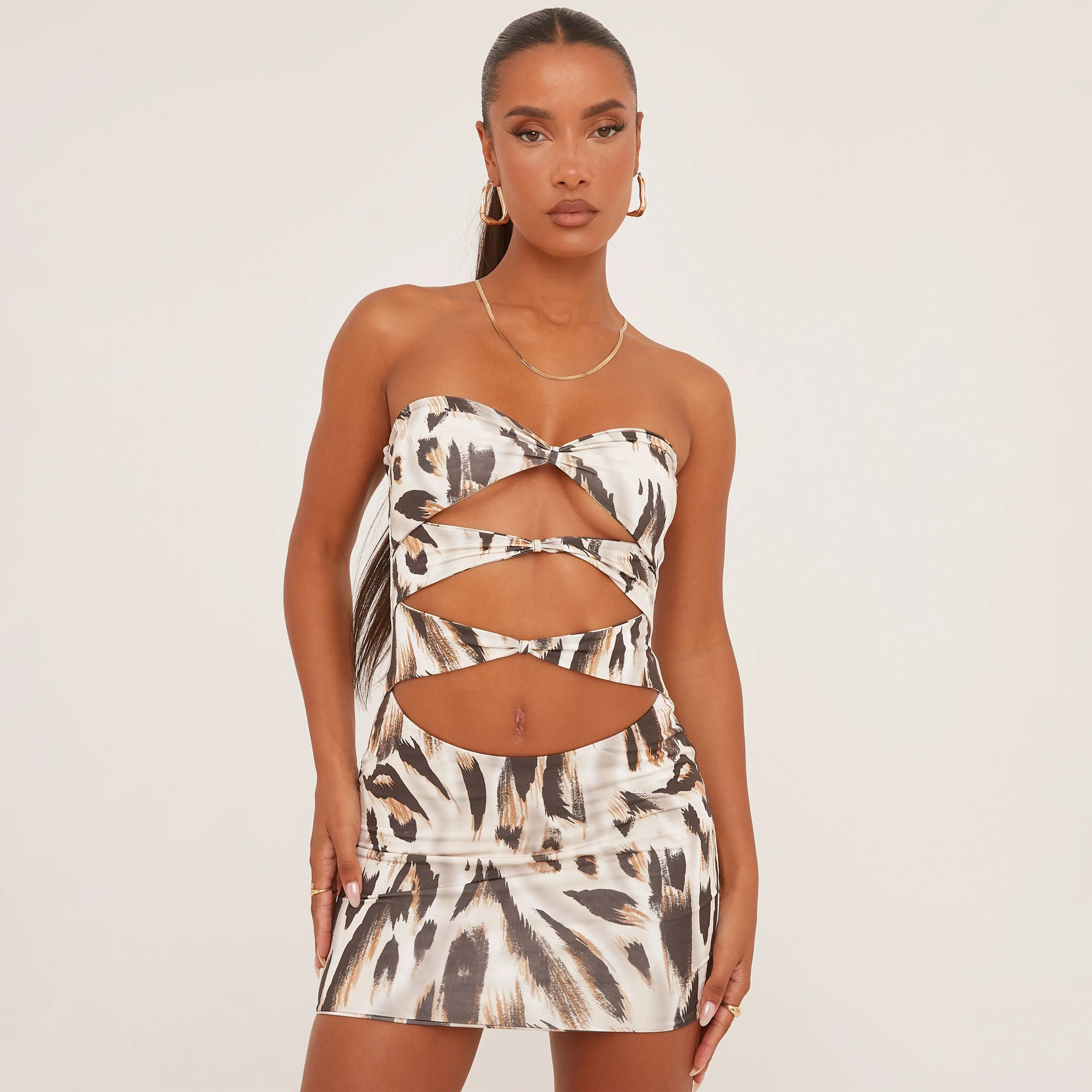 Bandeau Twisted Cut Out Front Mini Dress In Stone Leopard Print Slinky