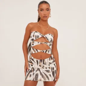 Bandeau Twisted Cut Out Front Mini Dress In Stone Leopard Print Slinky