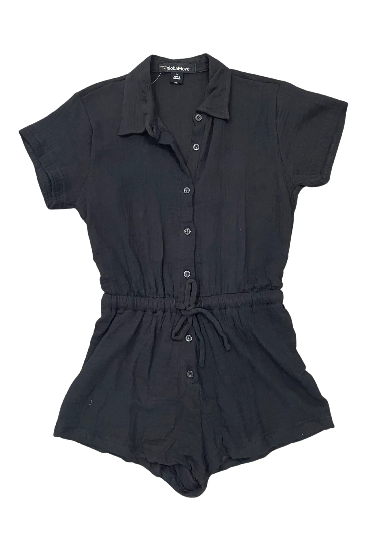 Black Gauze Button Up Short Sleeve Romper