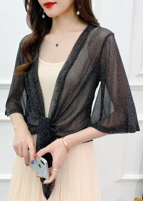 Black Lace Up Thin Tulle Cardigans V Neck Flare Sleeve AS1057