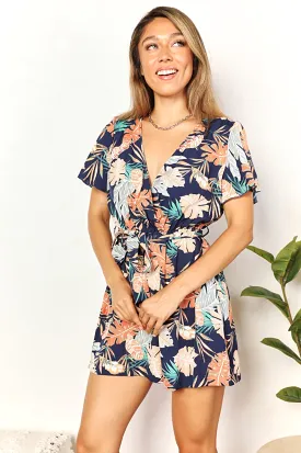 Botanical Print Surplice Neck Tie Waist Romper