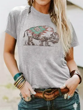 Buffalo Print T-Shirt, Short Sleeve Crew Neck Casual Top For Summer & Spring, Women's Clothing