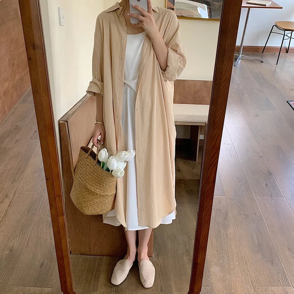 Button Up Casual Shirt Dress Spring Autumn Lapel Collar Long Sleeve Oversized Midi Dress