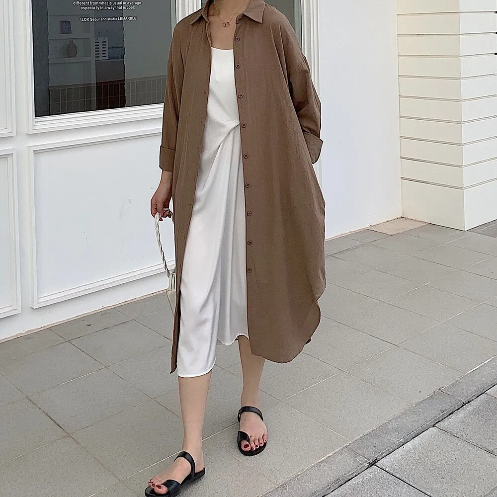 Button Up Casual Shirt Dress Spring Autumn Lapel Collar Long Sleeve Oversized Midi Dress