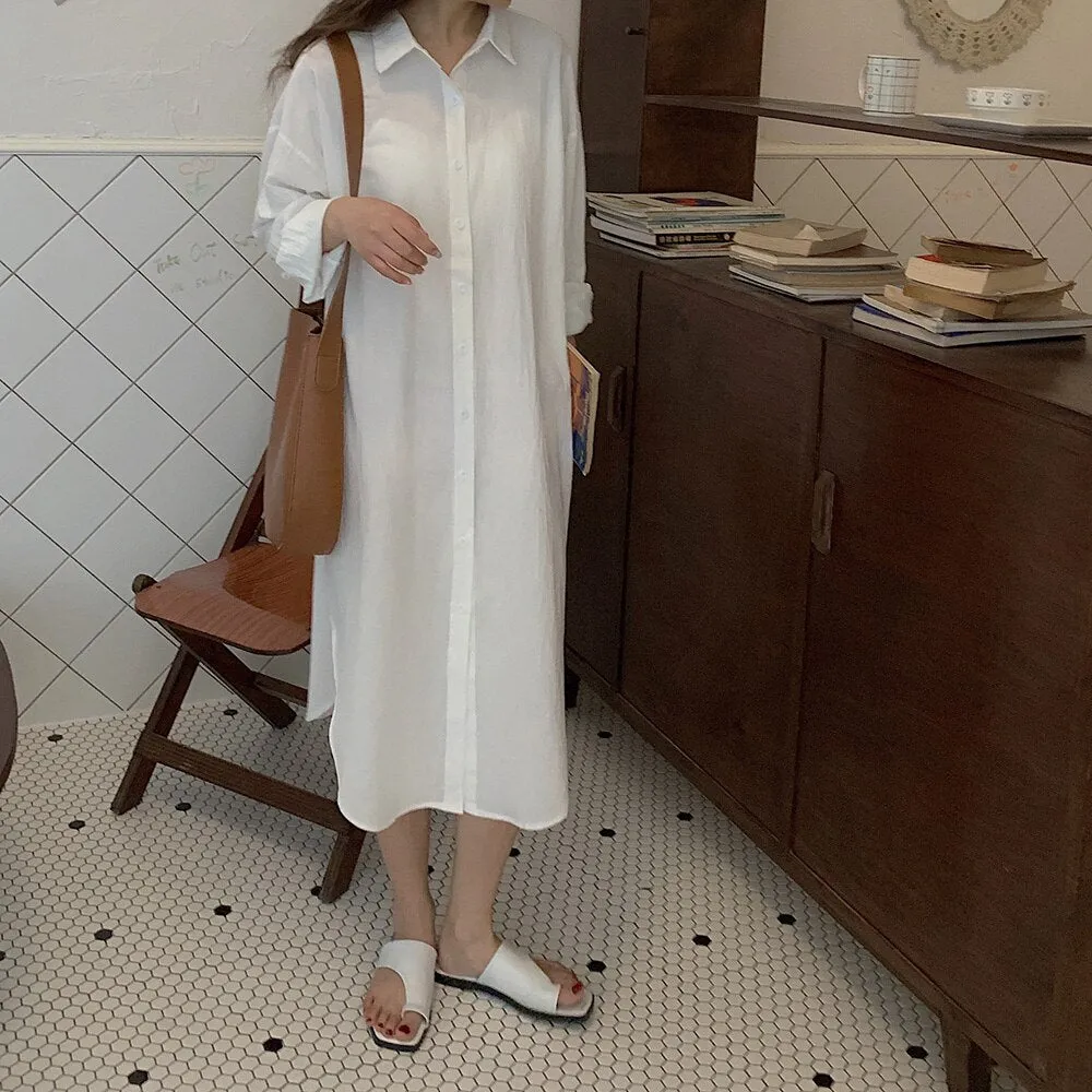 Button Up Casual Shirt Dress Spring Autumn Lapel Collar Long Sleeve Oversized Midi Dress