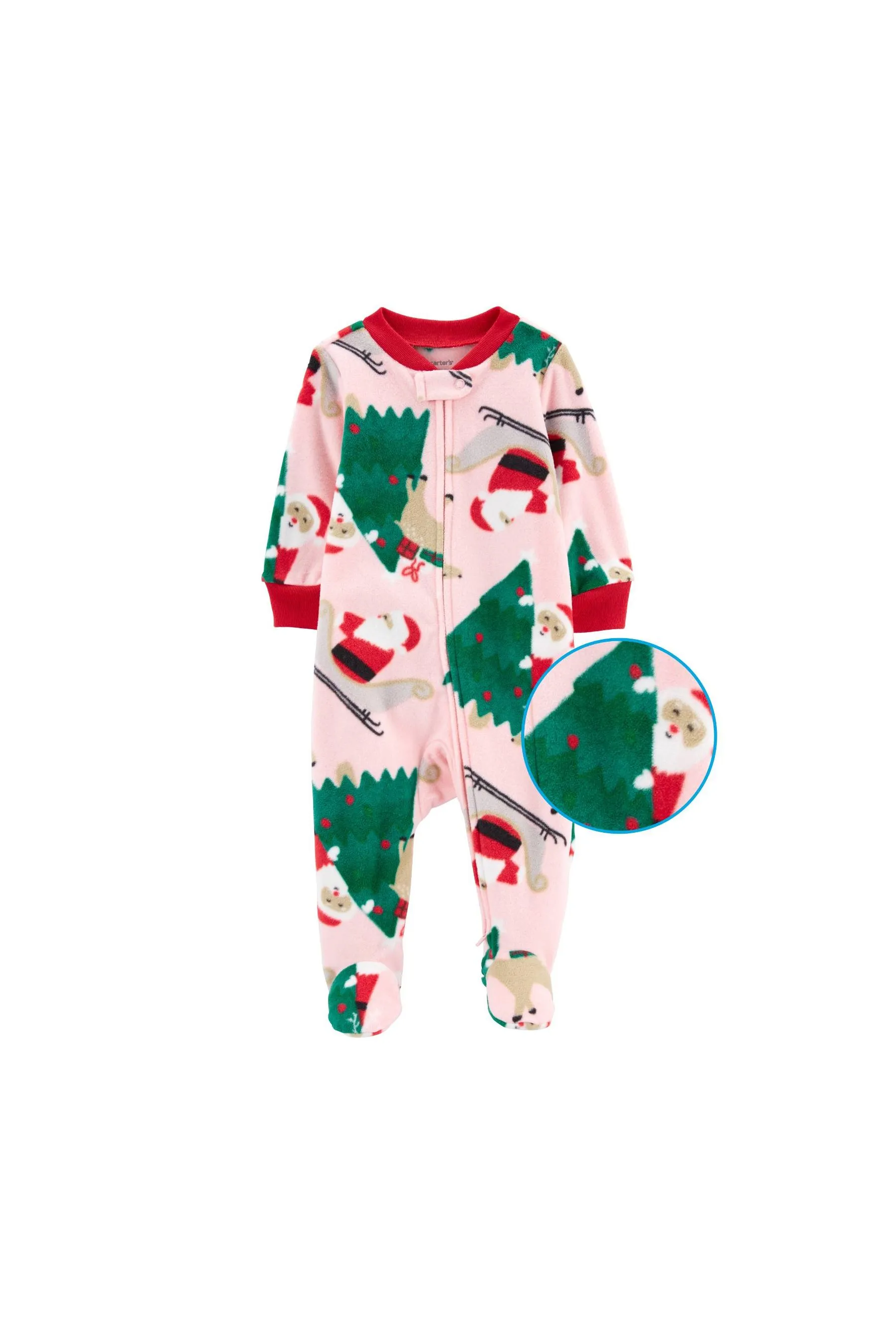 Carter's Santa Fleece Zip-Up Sleep & Play Pink Girl Rompers