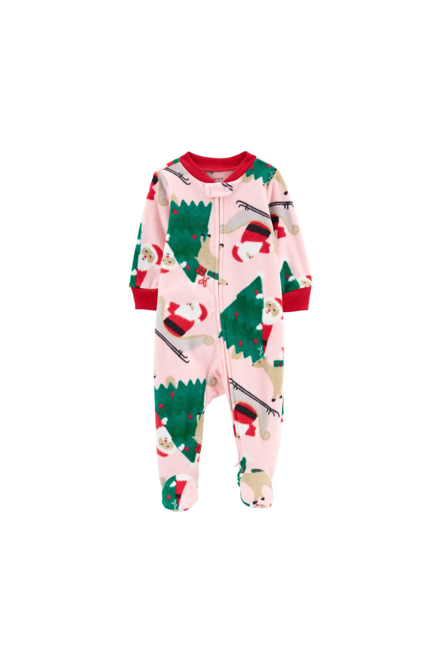 Carter's Santa Fleece Zip-Up Sleep & Play Pink Girl Rompers