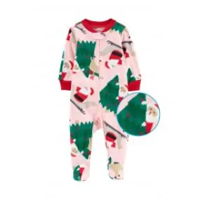 Carter's Santa Fleece Zip-Up Sleep & Play Pink Girl Rompers