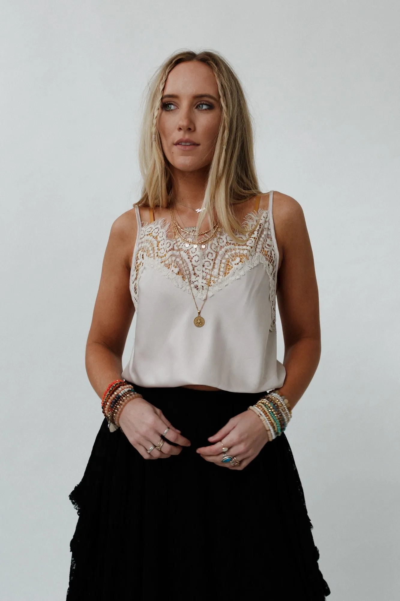 Date Night Silky Lace Trim Top - Pearl