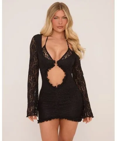 EGO Long Sleeve Cut Out Front Bra Insert Mini Dress In Black Lace