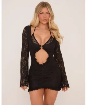 EGO Long Sleeve Cut Out Front Bra Insert Mini Dress In Black Lace