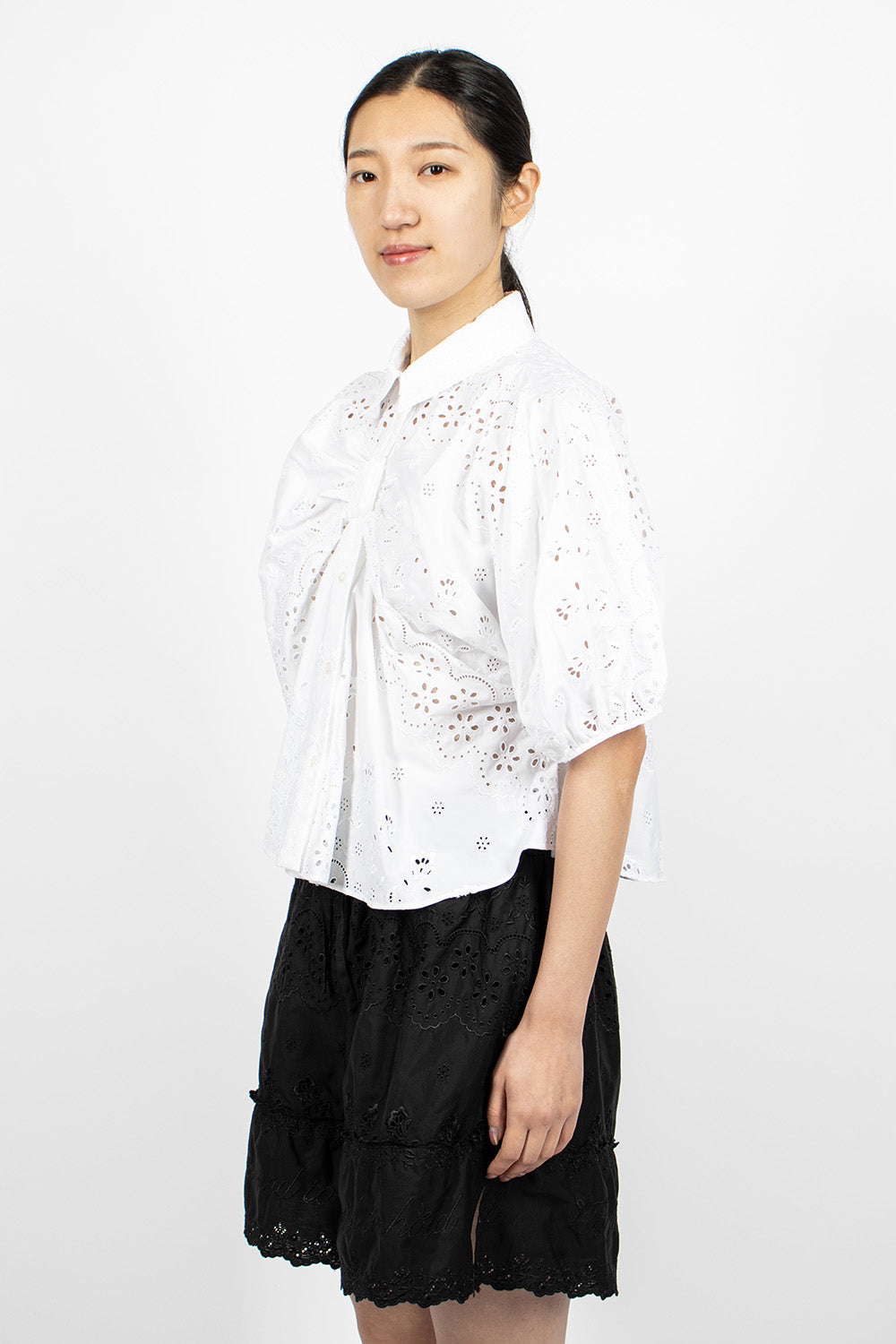 Front Bow Gathered Puff Sleeve Shirt White