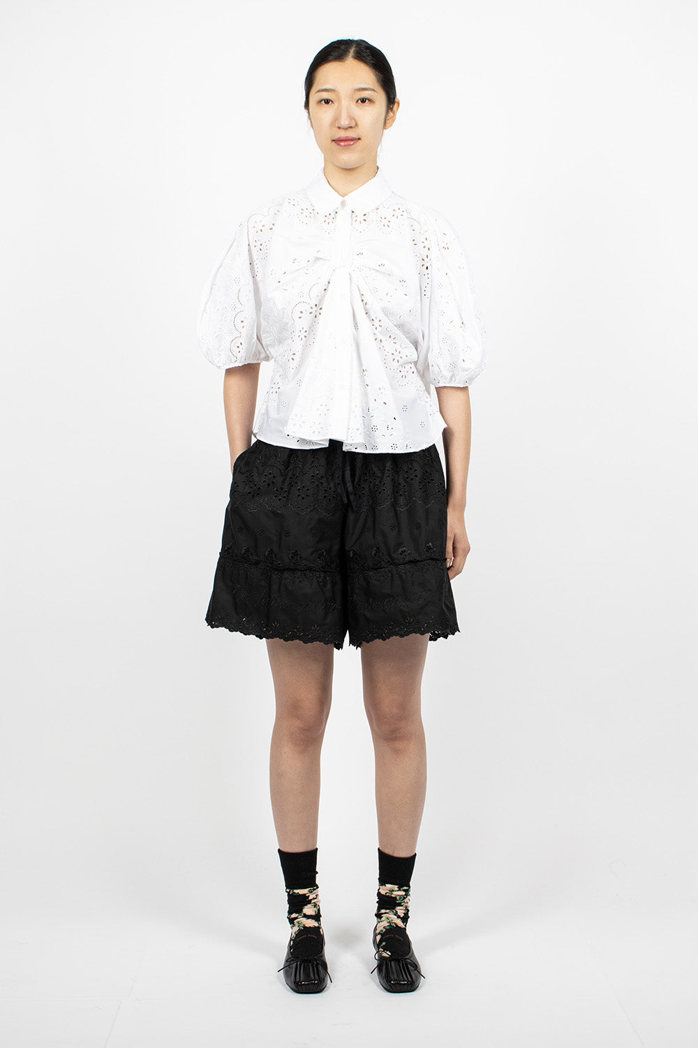 Front Bow Gathered Puff Sleeve Shirt White