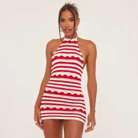 High Neck Open Back Mini Dress In Red Stripe Crochet Knit