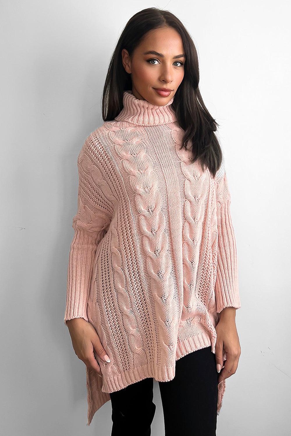 High Rolled Neck Braided Details Hi Low Pullover