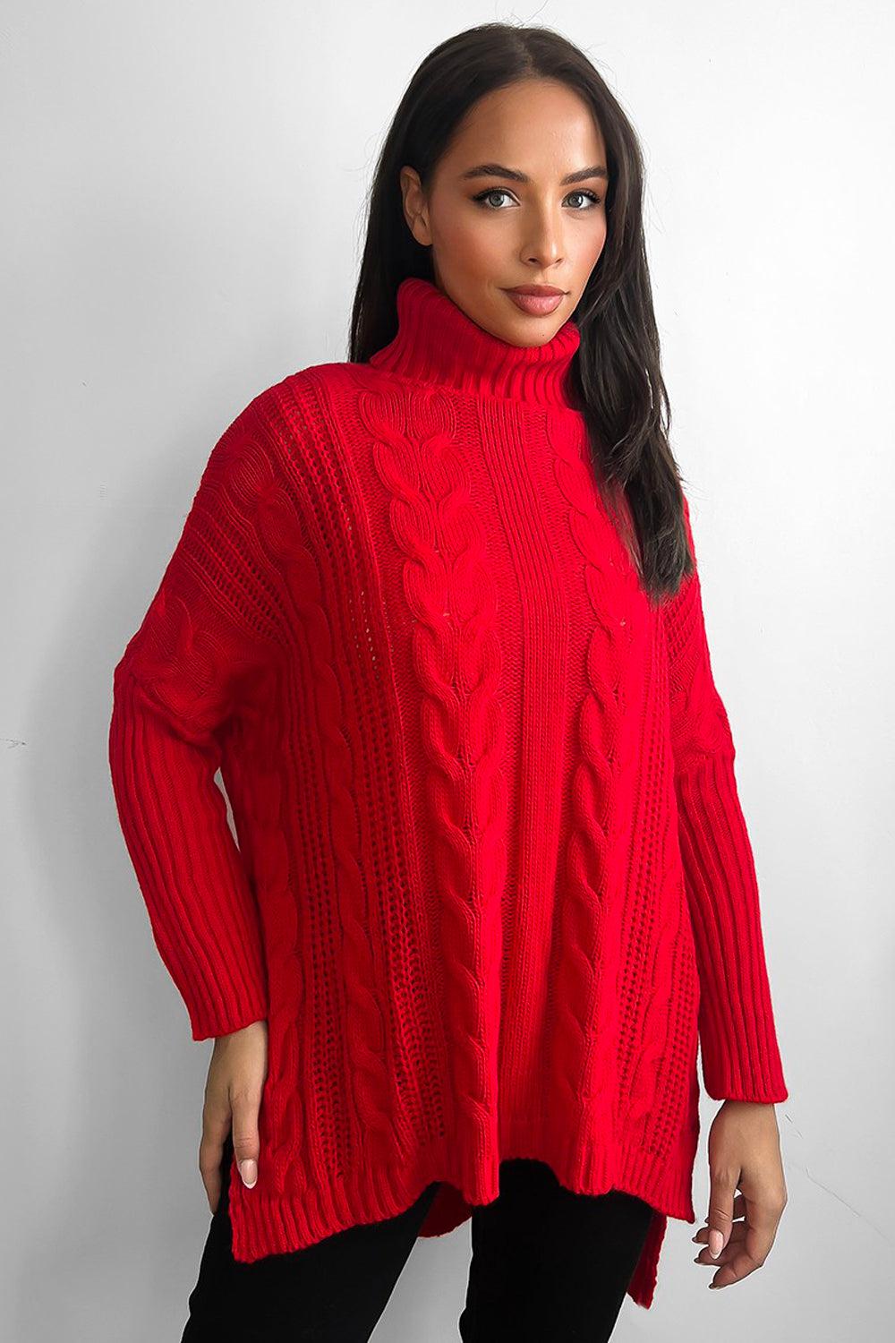 High Rolled Neck Braided Details Hi Low Pullover