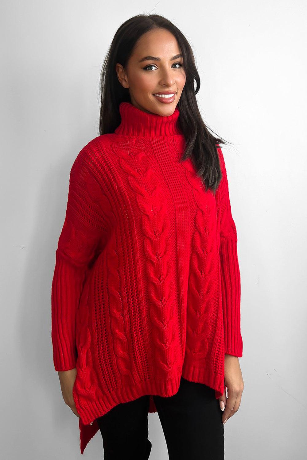 High Rolled Neck Braided Details Hi Low Pullover