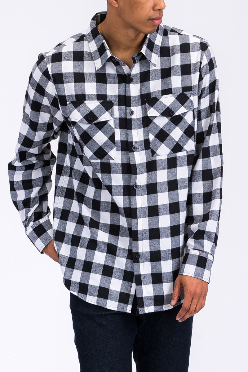 Long Sleeve Checkered Plaid Brushed Flannel