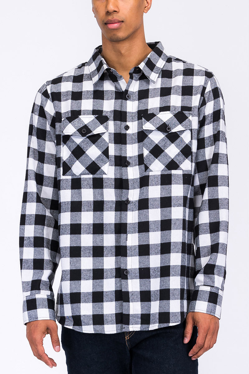 Long Sleeve Checkered Plaid Brushed Flannel