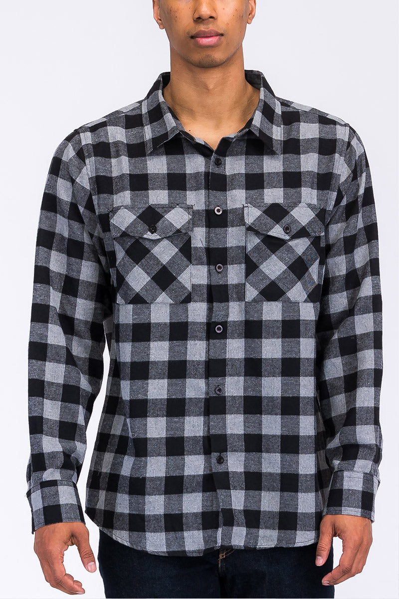 Long Sleeve Checkered Plaid Brushed Flannel