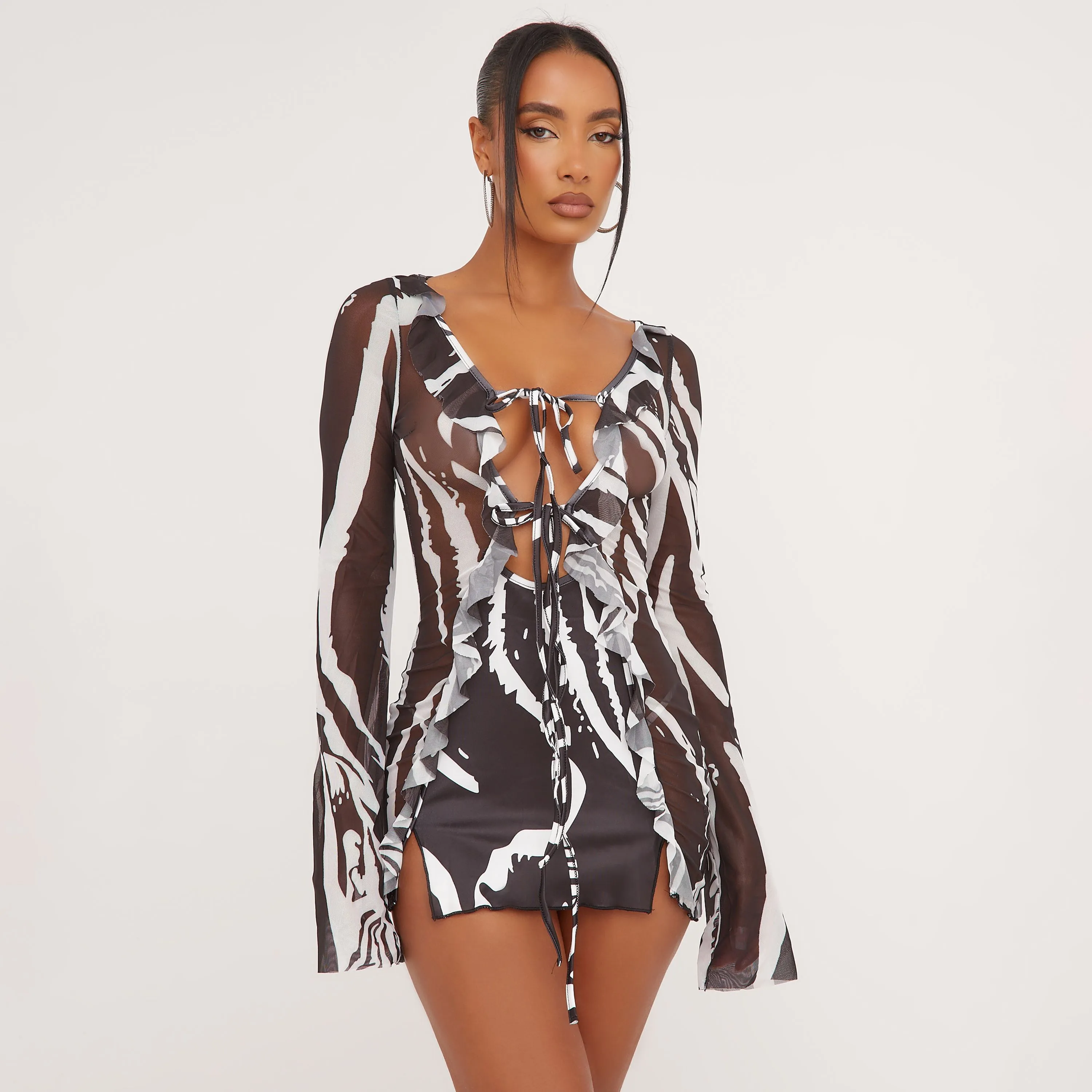 Long Sleeve Frill Tie Detail Plunge Mini Dress In Zebra Print Mesh