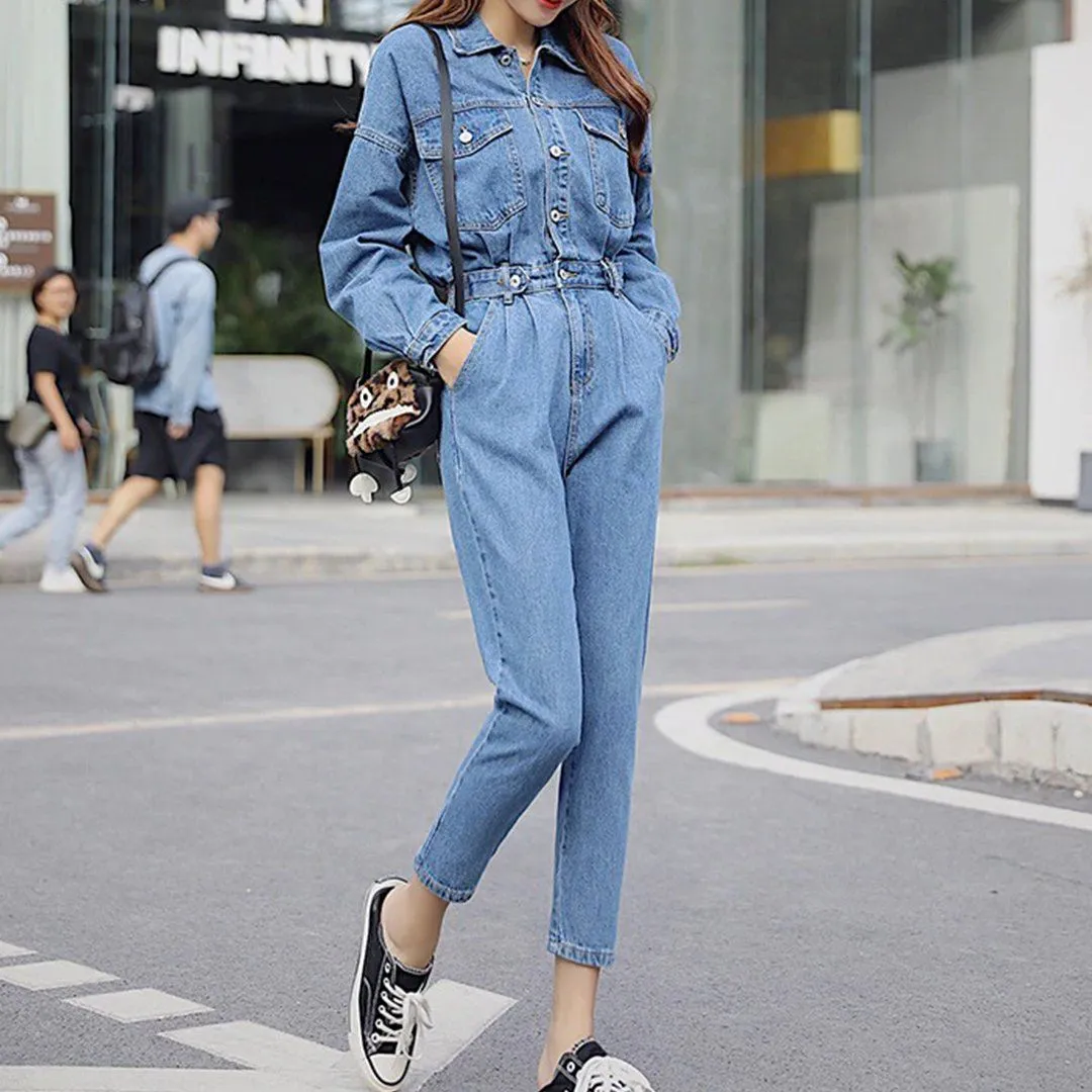 Long Sleeve Jeans Denim Jumpsuit Elastic Waist Jeans Rompers Overalls