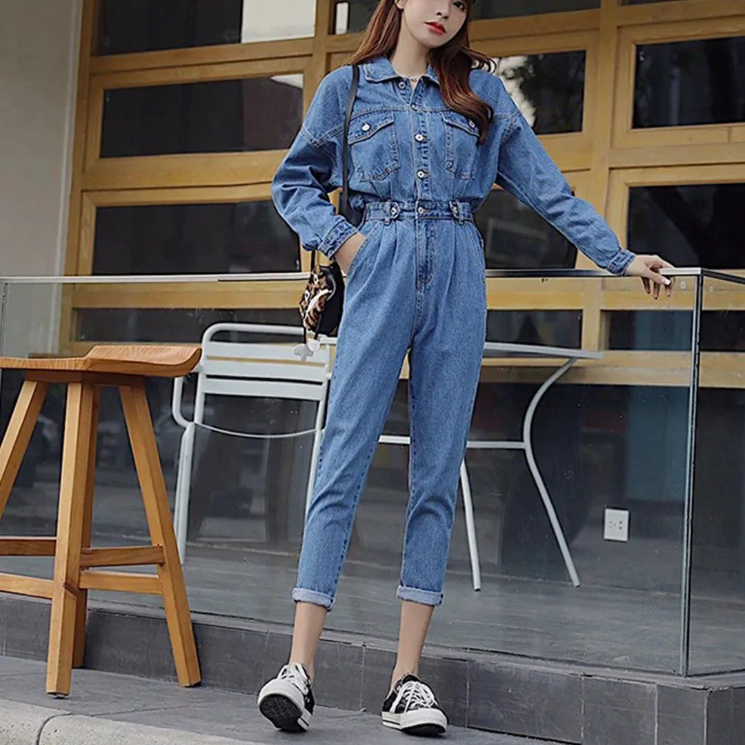 Long Sleeve Jeans Denim Jumpsuit Elastic Waist Jeans Rompers Overalls