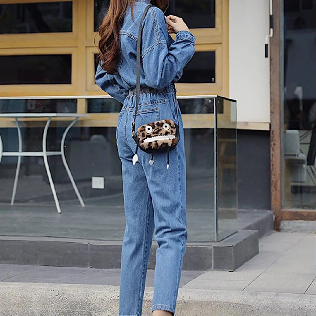 Long Sleeve Jeans Denim Jumpsuit Elastic Waist Jeans Rompers Overalls