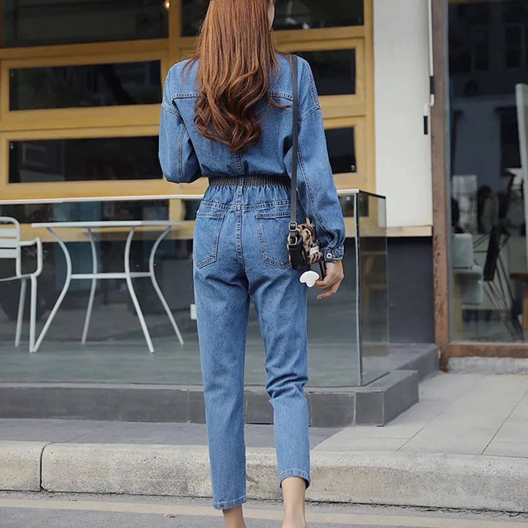 Long Sleeve Jeans Denim Jumpsuit Elastic Waist Jeans Rompers Overalls