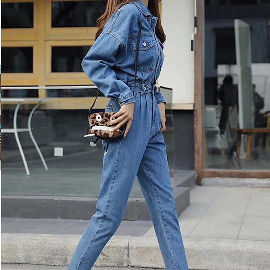 Long Sleeve Jeans Denim Jumpsuit Elastic Waist Jeans Rompers Overalls