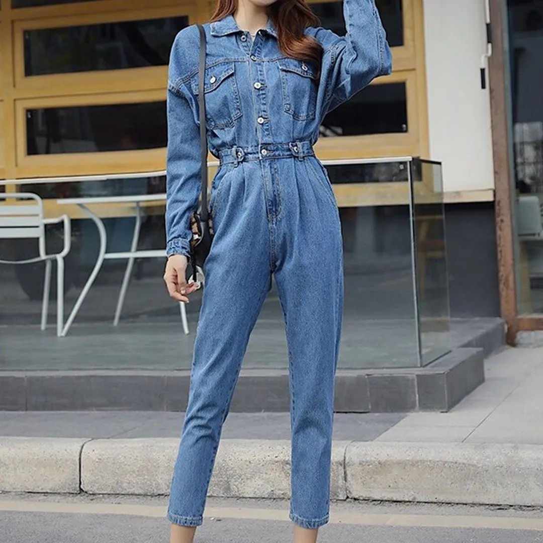 Long Sleeve Jeans Denim Jumpsuit Elastic Waist Jeans Rompers Overalls