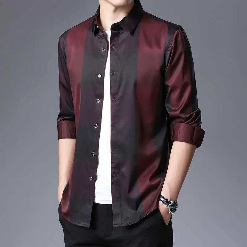 Luxury Square Collar Plaid Slim Fit Long Sleeve Casual Shirt for Men