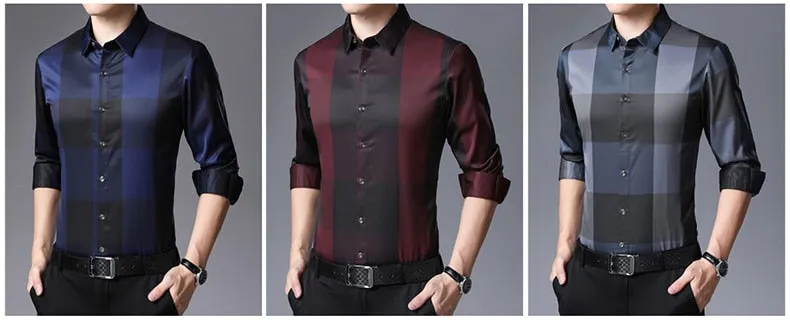 Luxury Square Collar Plaid Slim Fit Long Sleeve Casual Shirt for Men