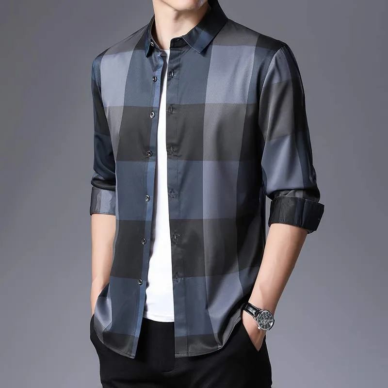 Luxury Square Collar Plaid Slim Fit Long Sleeve Casual Shirt for Men