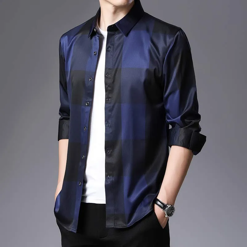 Luxury Square Collar Plaid Slim Fit Long Sleeve Casual Shirt for Men