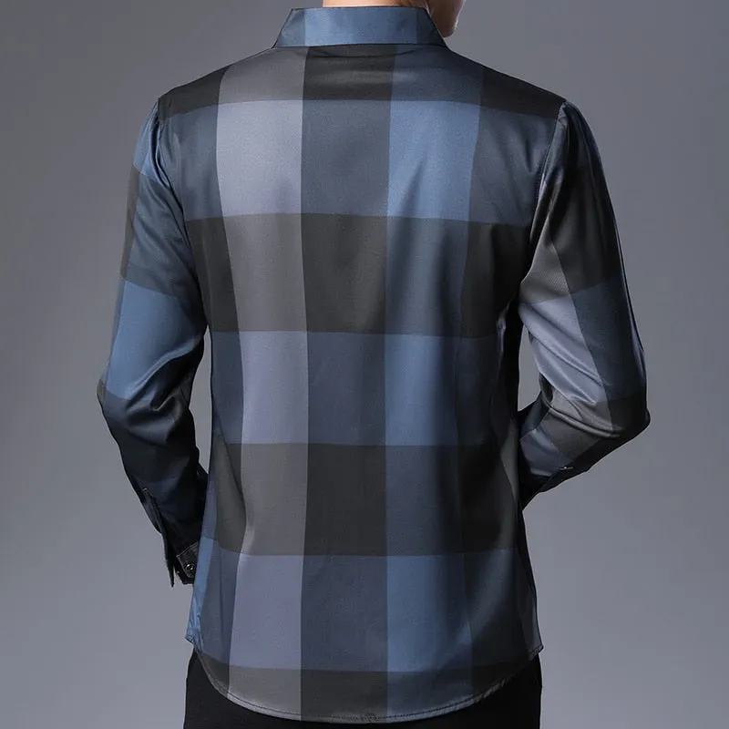 Luxury Square Collar Plaid Slim Fit Long Sleeve Casual Shirt for Men