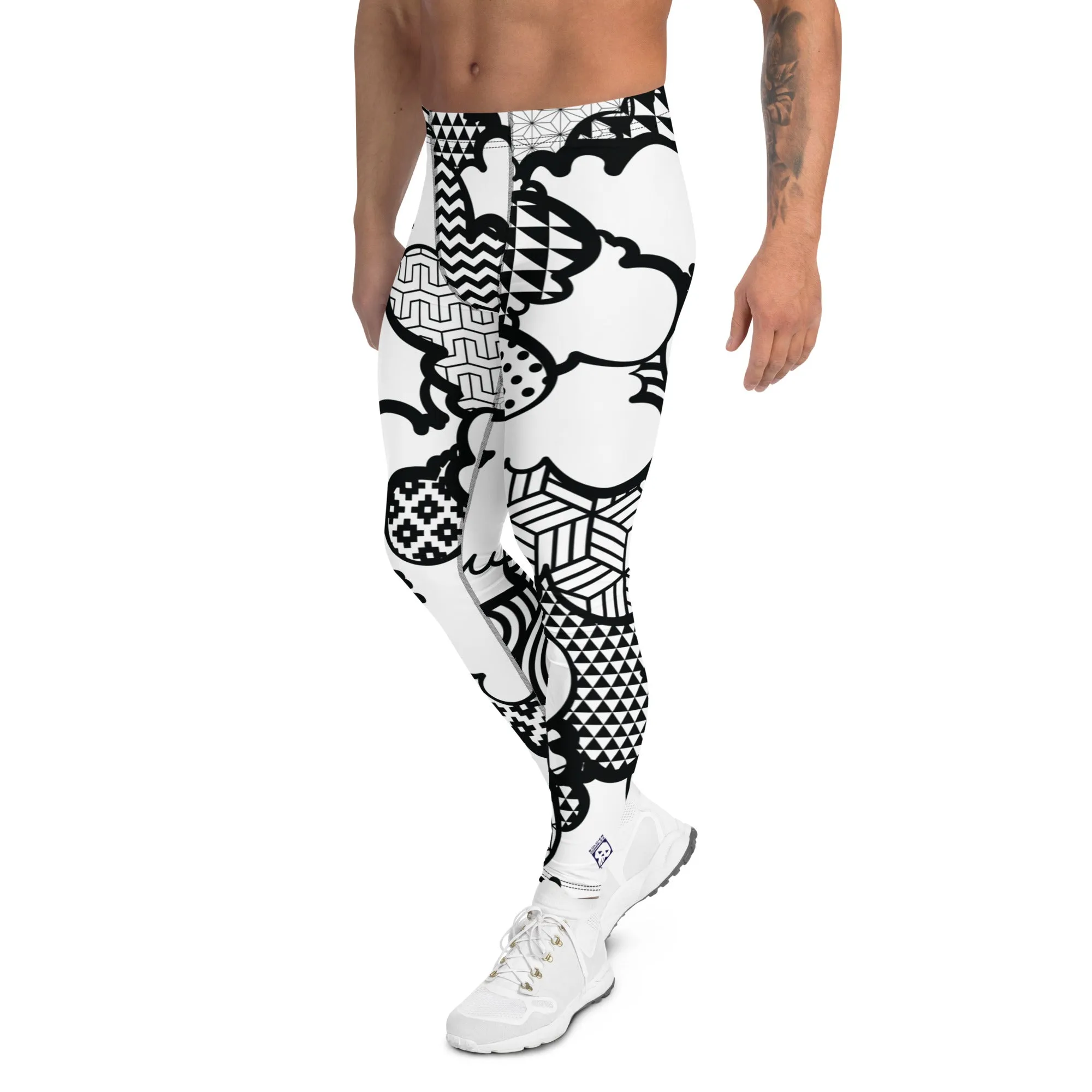 Men's Black and White Graffiti Clouds Pattern Athletic Leggings for Running, Gym, Jiu-Jitsu and MMA