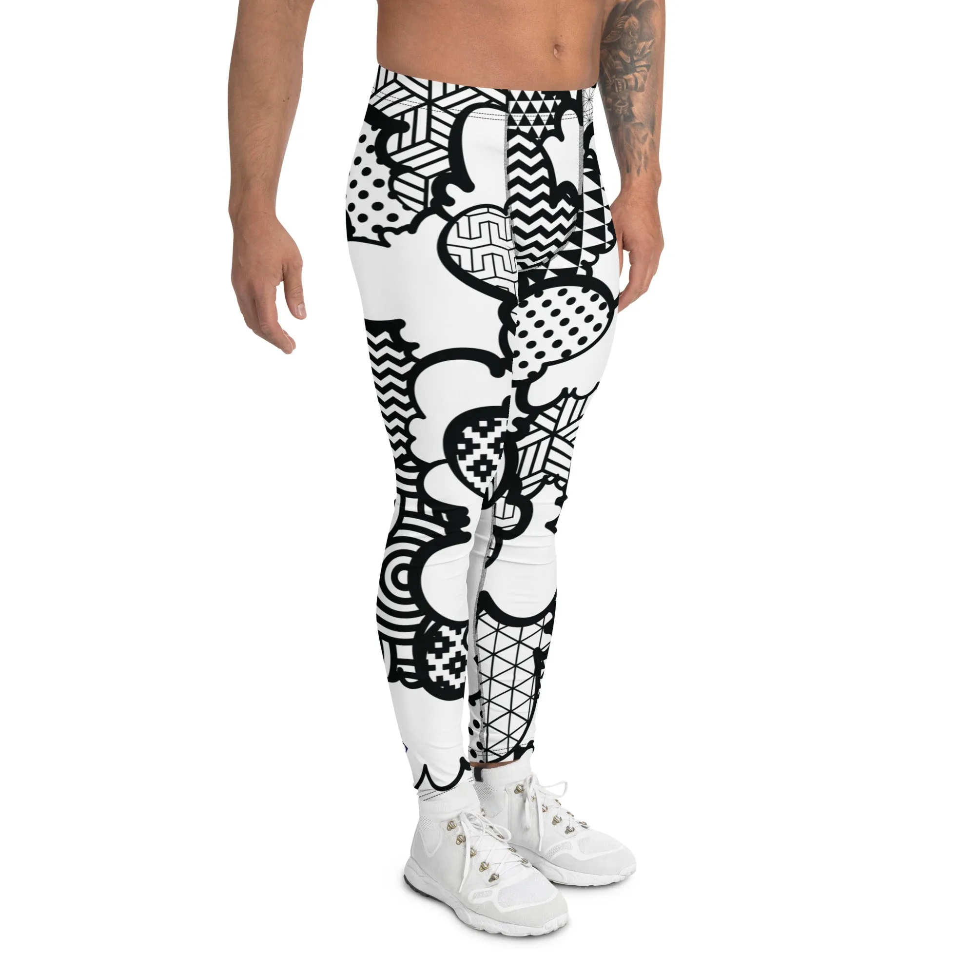 Men's Black and White Graffiti Clouds Pattern Athletic Leggings for Running, Gym, Jiu-Jitsu and MMA