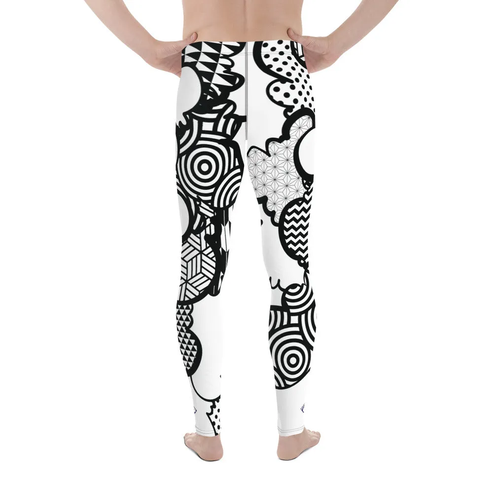 Men's Black and White Graffiti Clouds Pattern Athletic Leggings for Running, Gym, Jiu-Jitsu and MMA