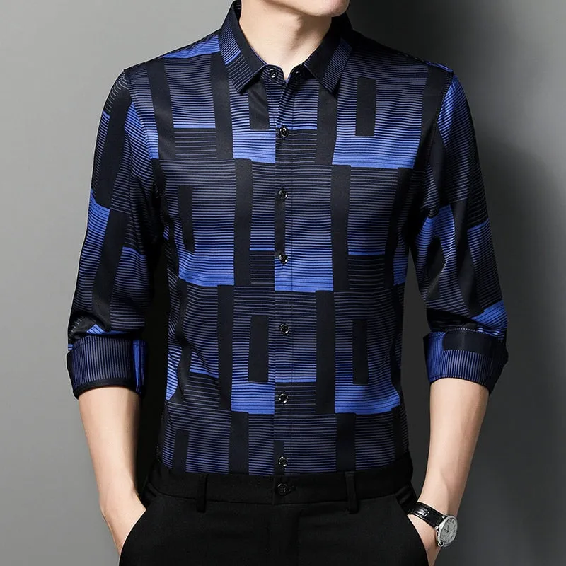 Men's Designer Korean Fashion Square Collar Long Sleeve Casual Shirt